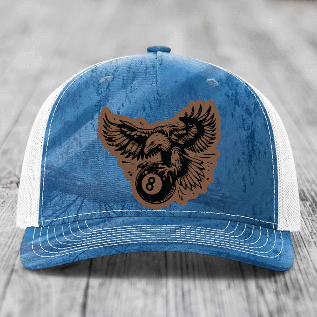 Eagle 8 Ball - Leather Patch Hat - Dark Brown to Black Patch - Richardson 112PFP Snapback Trucker Hat