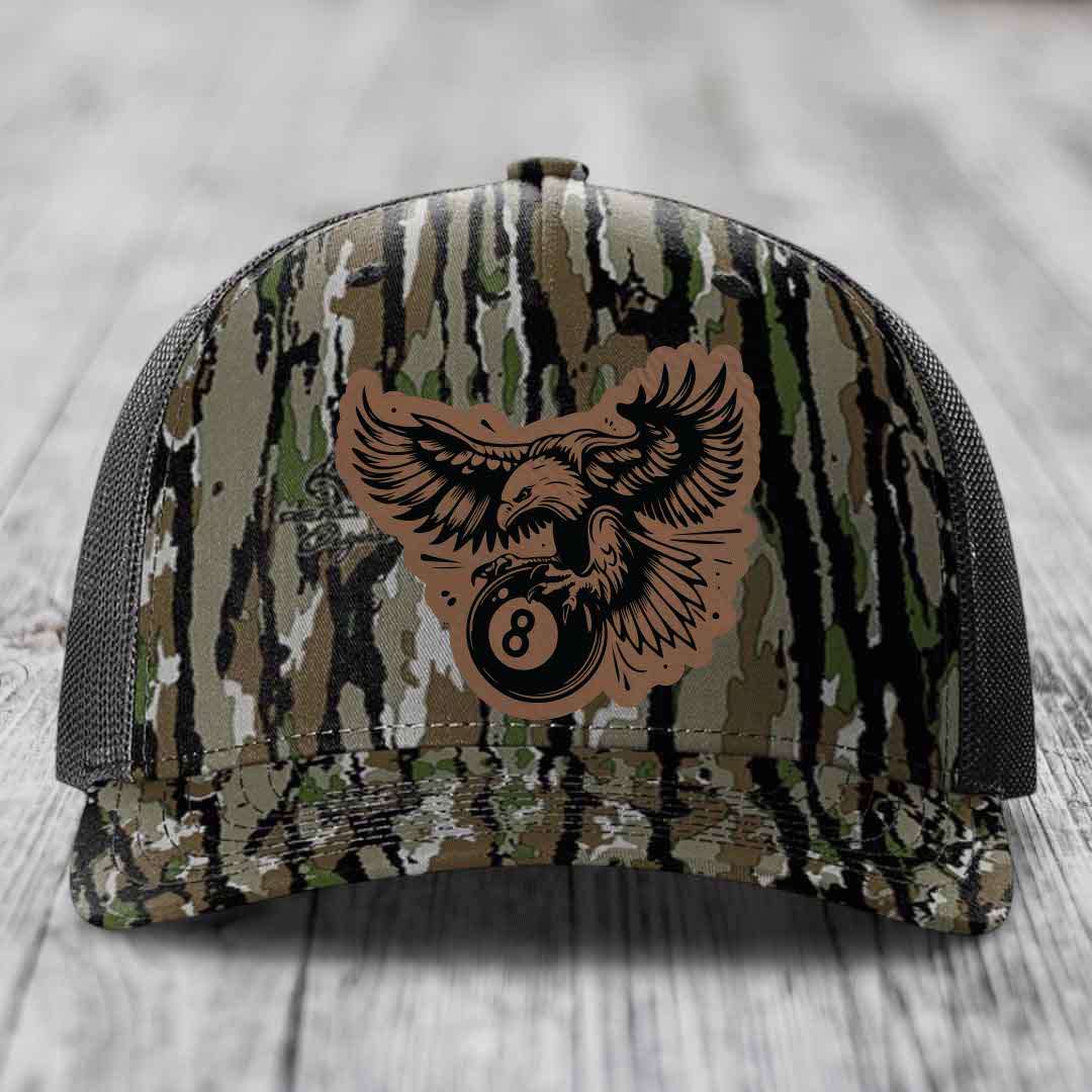 Eagle 8 Ball - Leather Patch Hat - Dark Brown to Black Patch - Richardson 112PFP Snapback Trucker Hat