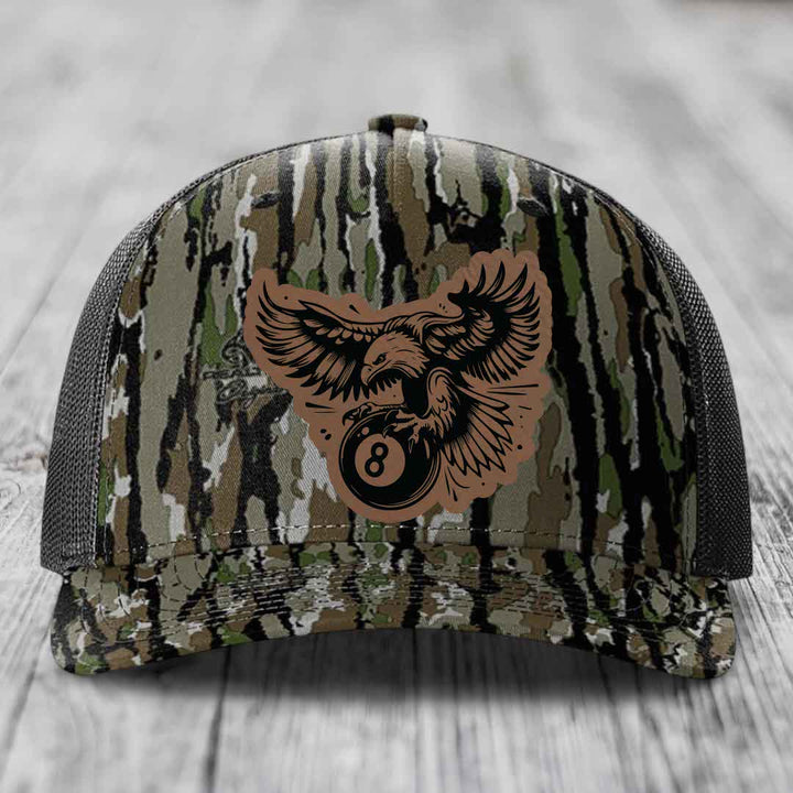 Eagle 8 Ball - Leather Patch Hat - Dark Brown to Black Patch - Richardson 112PFP Snapback Trucker Hat