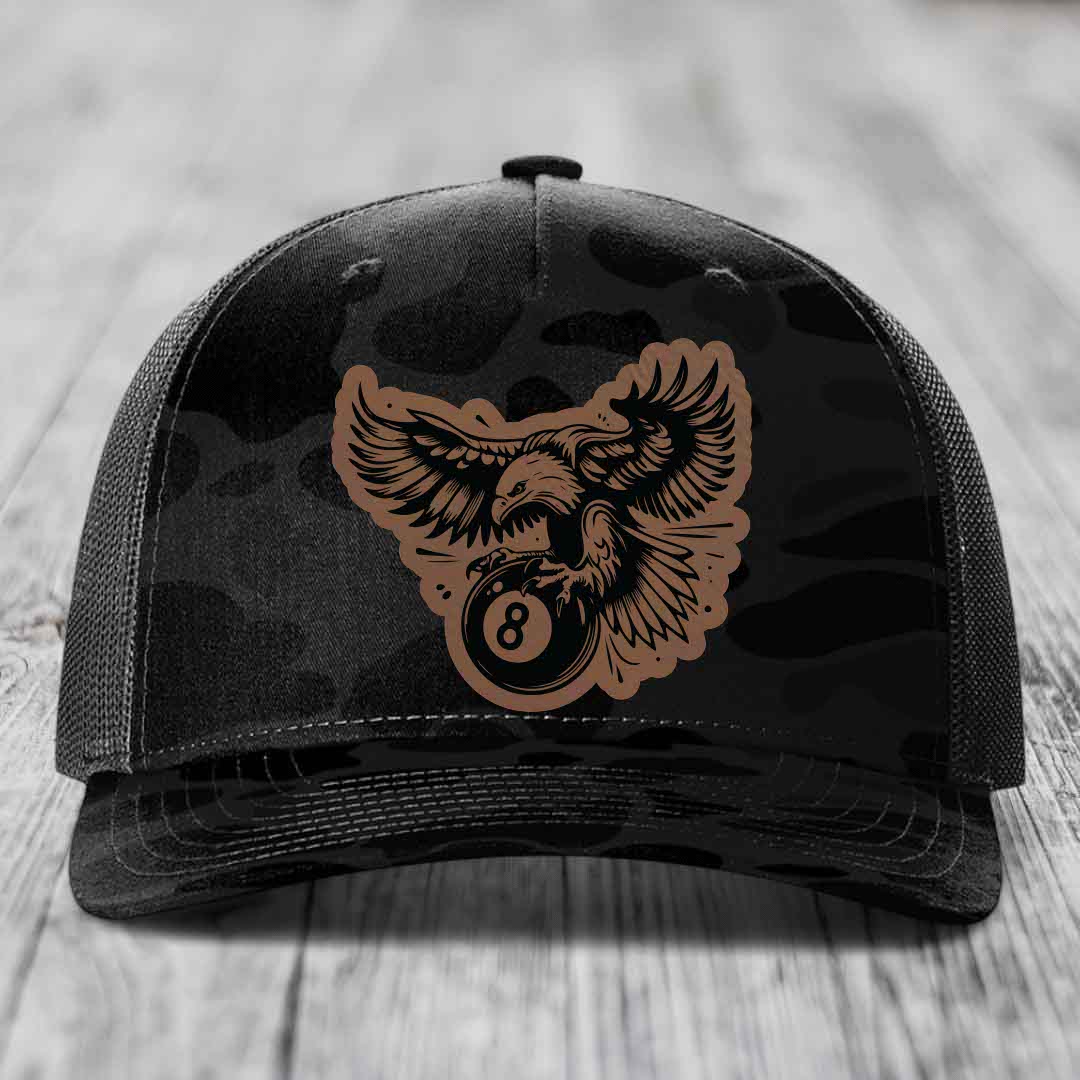 Eagle 8 Ball - Leather Patch Hat - Dark Brown to Black Patch - Richardson 112PFP Snapback Trucker Hat