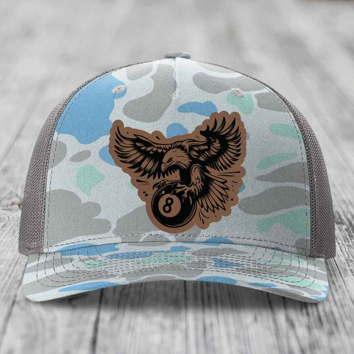 Eagle 8 Ball - Leather Patch Hat - Dark Brown to Black Patch - Richardson 112PFP Snapback Trucker Hat