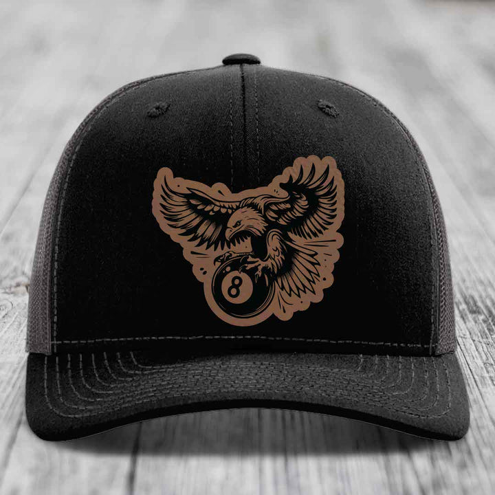 Eagle 8 Ball - Leather Patch Hat - Dark Brown to Black Patch - Richardson 112 Snapback Trucker Hat