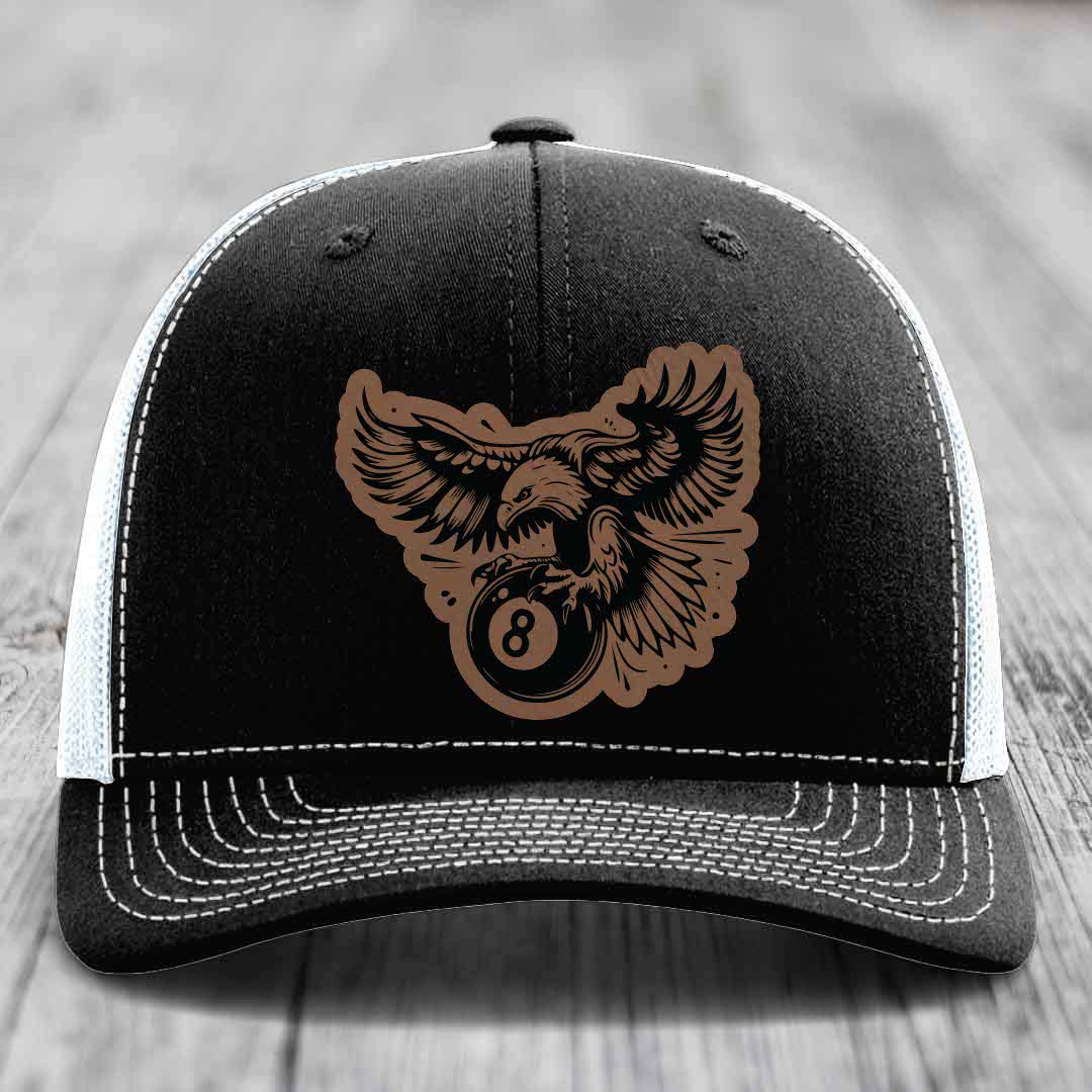 Eagle 8 Ball - Leather Patch Hat - Dark Brown to Black Patch - Richardson 112 Snapback Trucker Hat