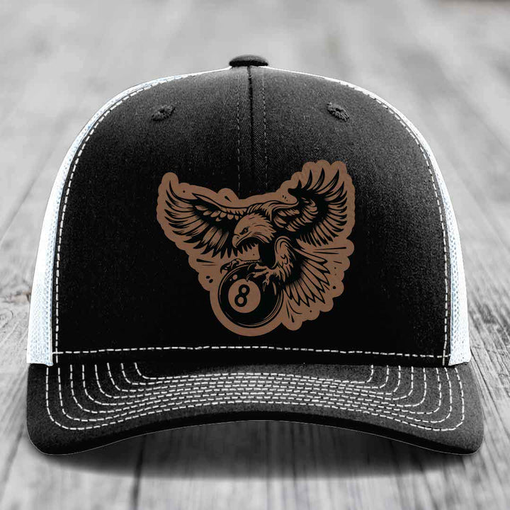 Eagle 8 Ball - Leather Patch Hat - Dark Brown to Black Patch - Richardson 112 Snapback Trucker Hat
