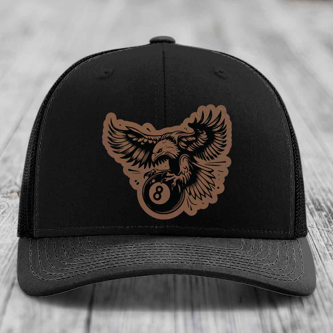 Eagle 8 Ball - Leather Patch Hat - Dark Brown to Black Patch - Richardson 112 Snapback Trucker Hat