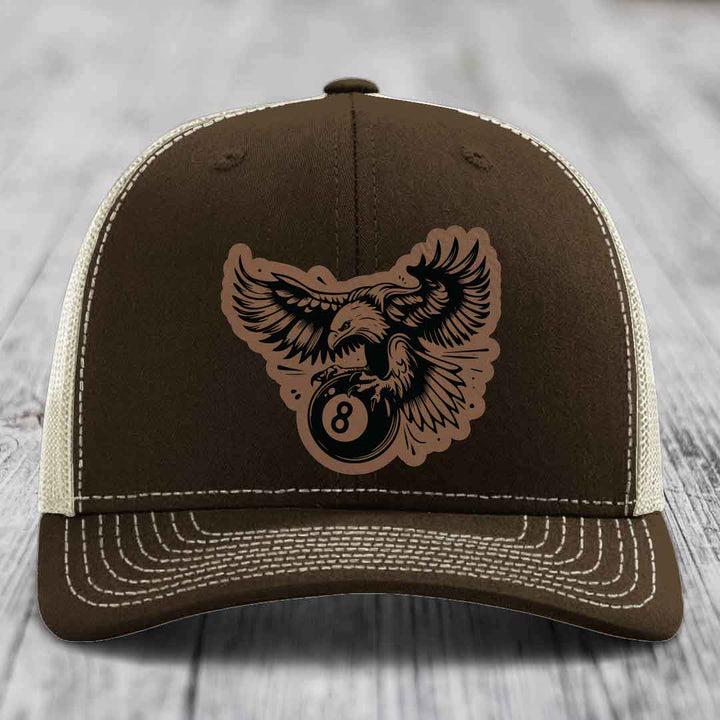 Eagle 8 Ball - Leather Patch Hat - Dark Brown to Black Patch - Richardson 112 Snapback Trucker Hat