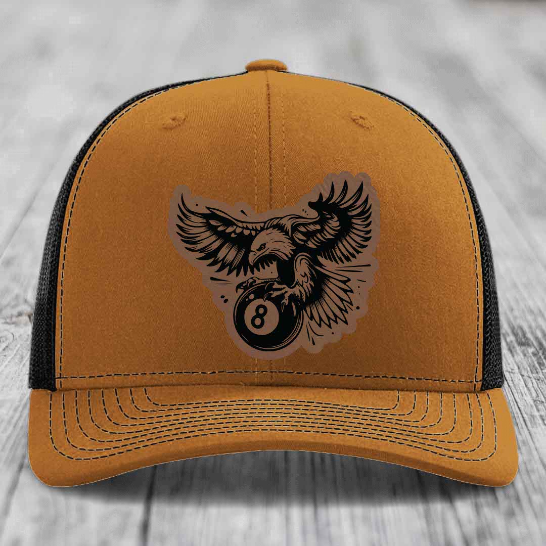 Eagle 8 Ball - Leather Patch Hat - Dark Brown to Black Patch - Richardson 112 Snapback Trucker Hat