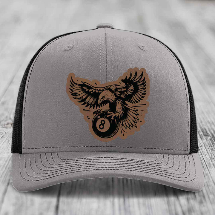 Eagle 8 Ball - Leather Patch Hat - Dark Brown to Black Patch - Richardson 112 Snapback Trucker Hat