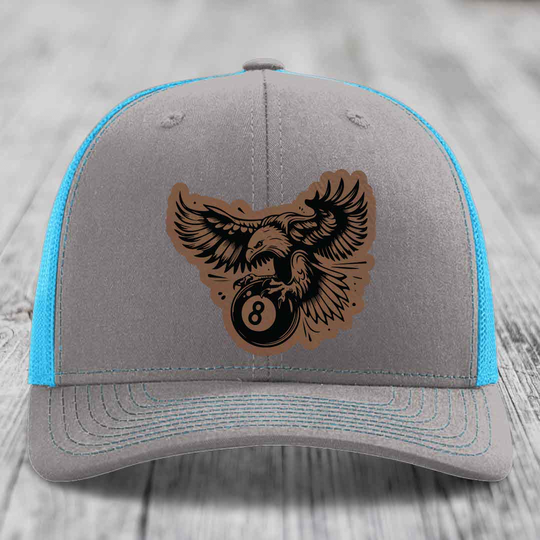 Eagle 8 Ball - Leather Patch Hat - Dark Brown to Black Patch - Richardson 112 Snapback Trucker Hat