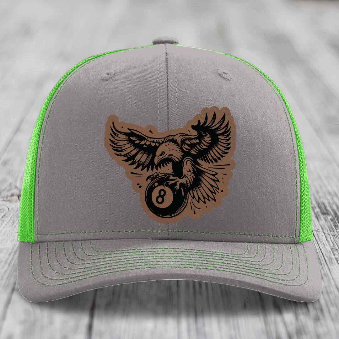 Eagle 8 Ball - Leather Patch Hat - Dark Brown to Black Patch - Richardson 112 Snapback Trucker Hat