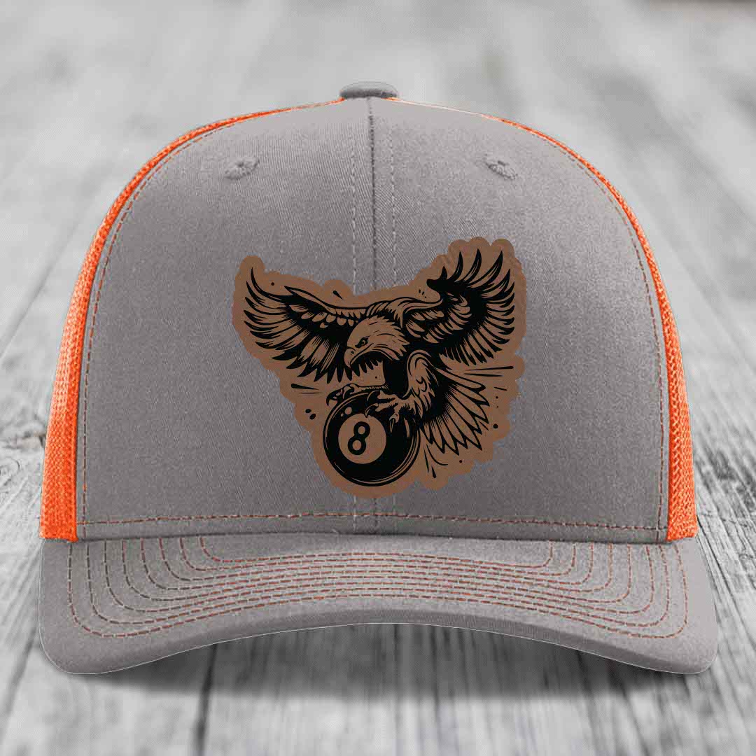 Eagle 8 Ball - Leather Patch Hat - Dark Brown to Black Patch - Richardson 112 Snapback Trucker Hat