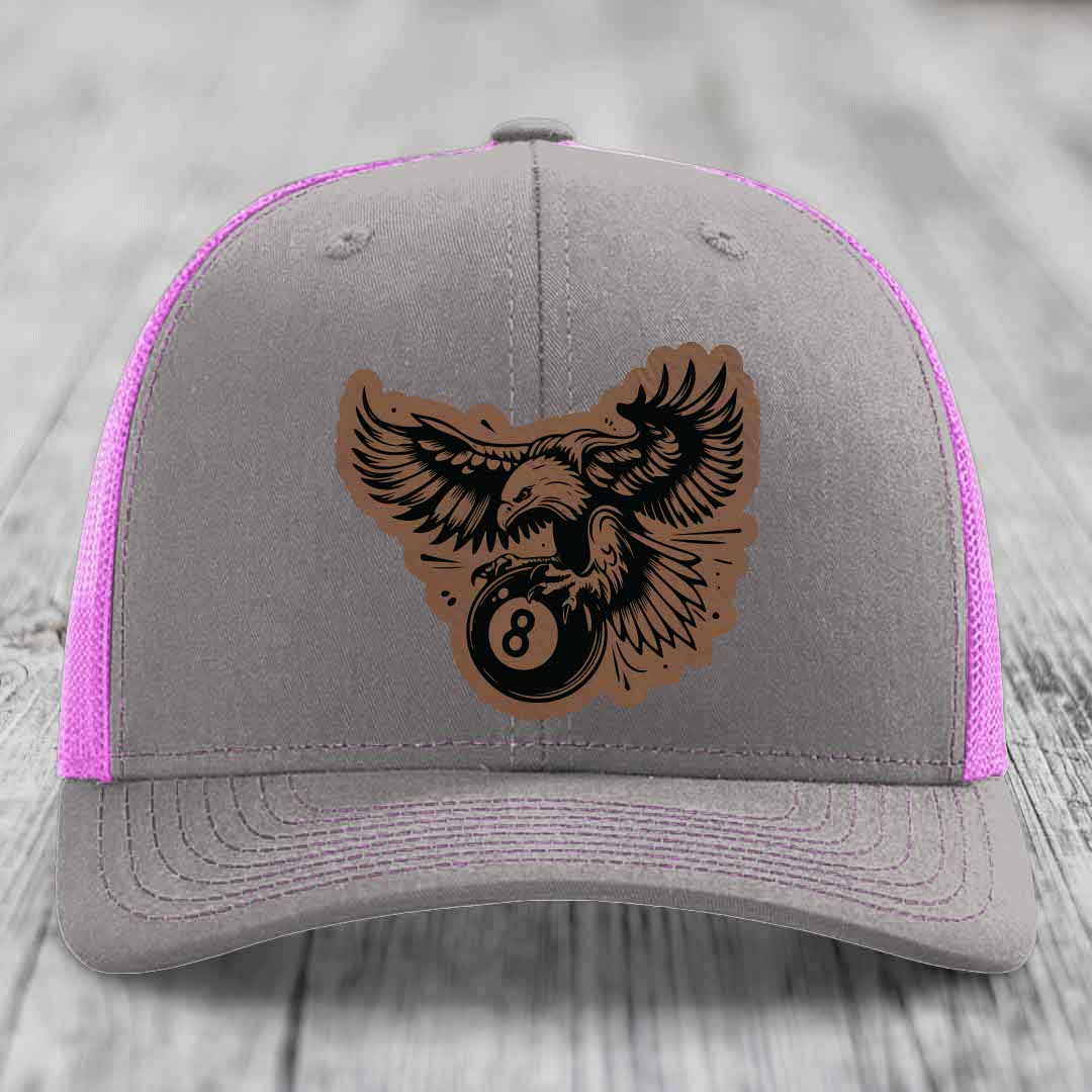 Eagle 8 Ball - Leather Patch Hat - Dark Brown to Black Patch - Richardson 112 Snapback Trucker Hat