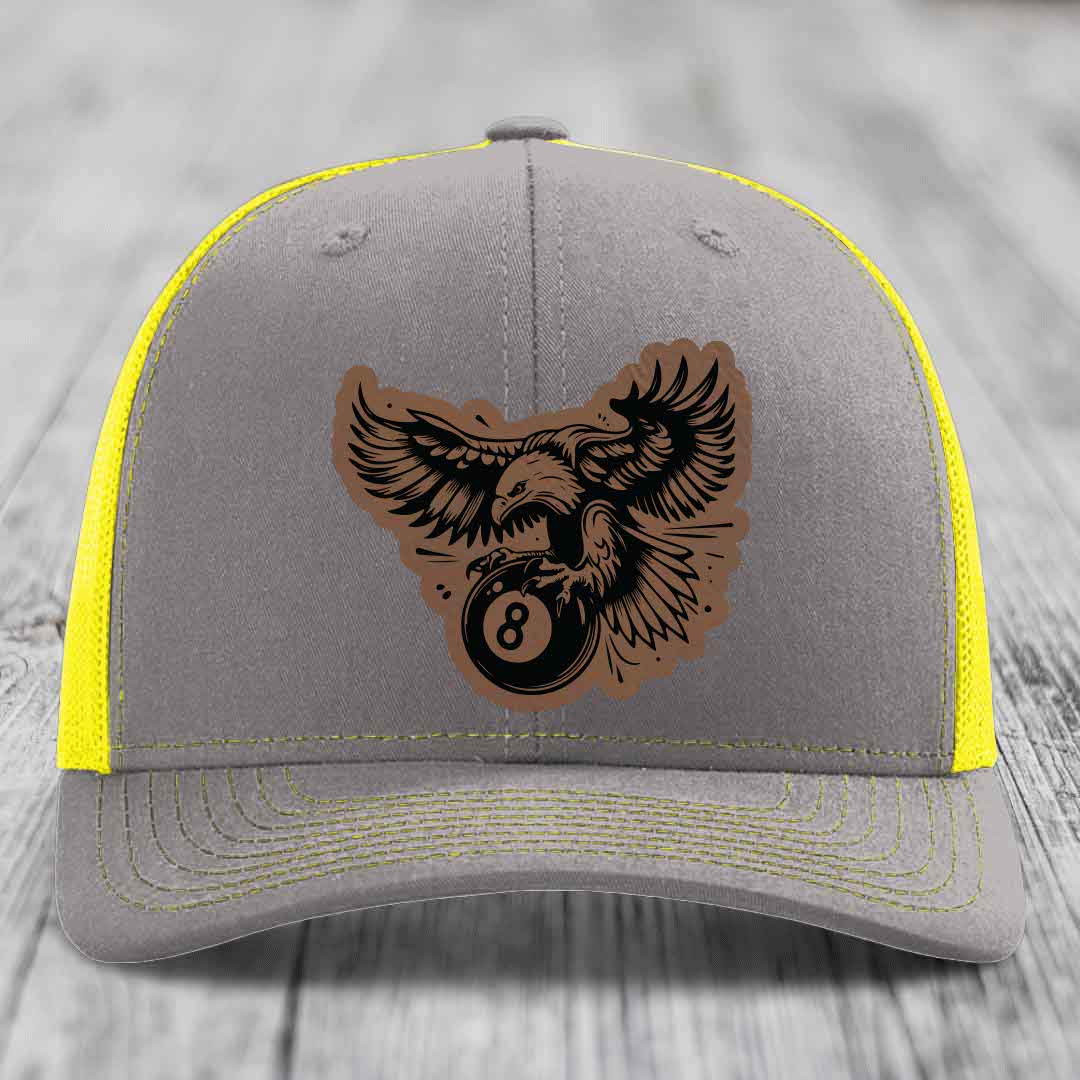 Eagle 8 Ball - Leather Patch Hat - Dark Brown to Black Patch - Richardson 112 Snapback Trucker Hat