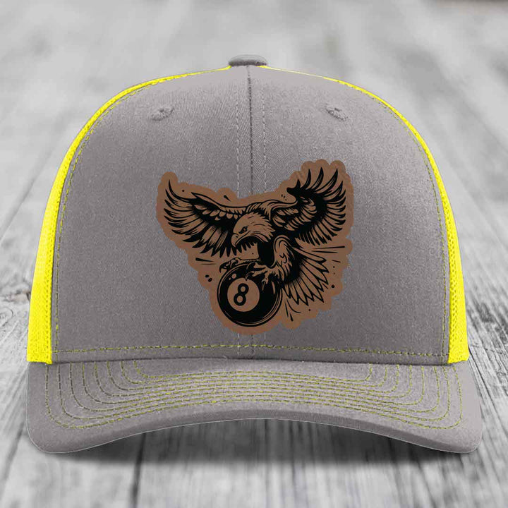 Eagle 8 Ball - Leather Patch Hat - Dark Brown to Black Patch - Richardson 112 Snapback Trucker Hat