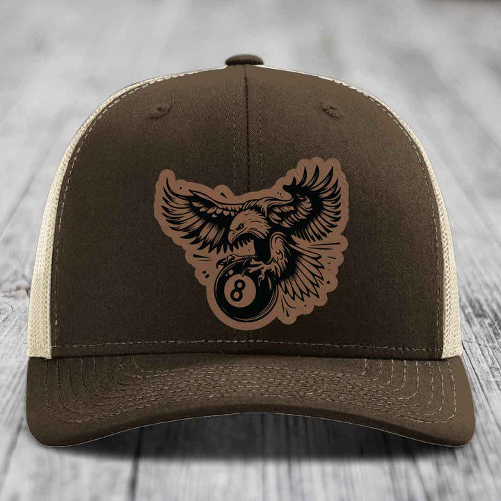 Eagle 8 Ball - Leather Patch Hat - Dark Brown to Black Patch - Richardson 112 Snapback Trucker Hat