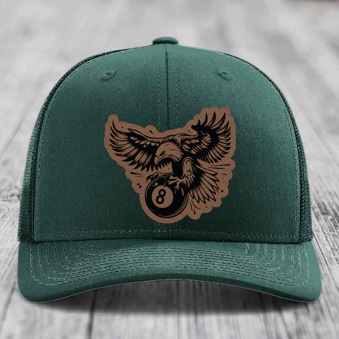 Eagle 8 Ball - Leather Patch Hat - Dark Brown to Black Patch - Richardson 112 Snapback Trucker Hat