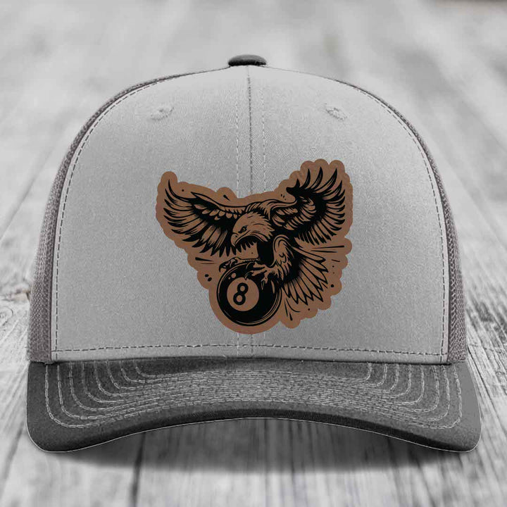 Eagle 8 Ball - Leather Patch Hat - Dark Brown to Black Patch - Richardson 112 Snapback Trucker Hat
