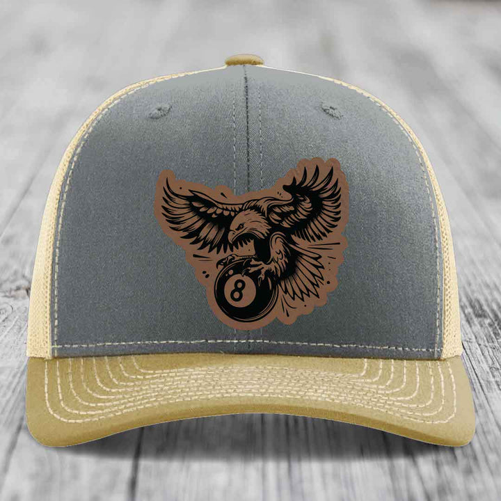 Eagle 8 Ball - Leather Patch Hat - Dark Brown to Black Patch - Richardson 112 Snapback Trucker Hat