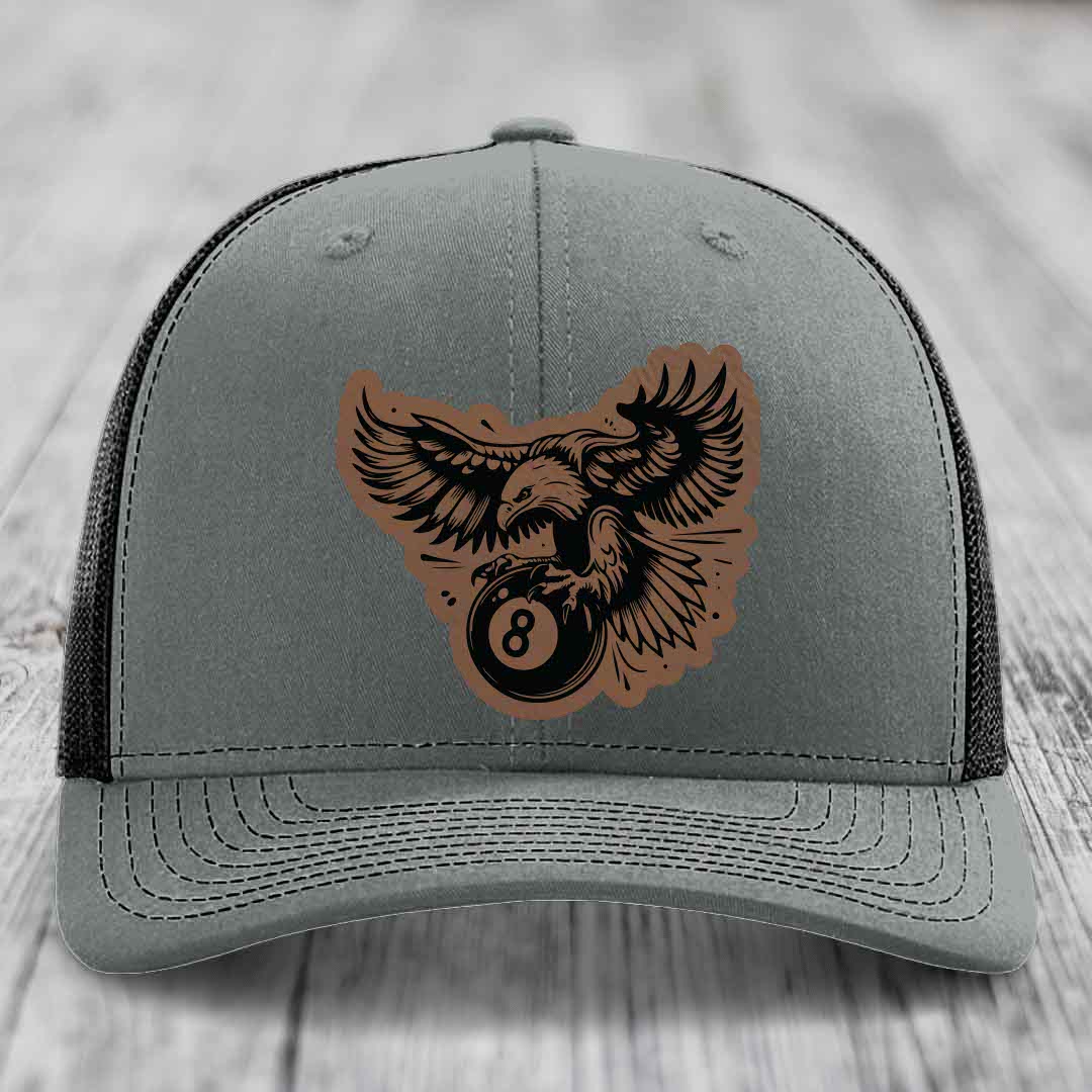 Eagle 8 Ball - Leather Patch Hat - Dark Brown to Black Patch - Richardson 112 Snapback Trucker Hat