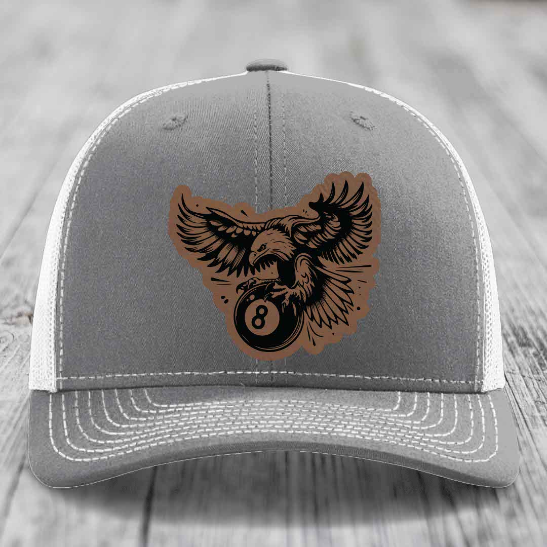 Eagle 8 Ball - Leather Patch Hat - Dark Brown to Black Patch - Richardson 112 Snapback Trucker Hat