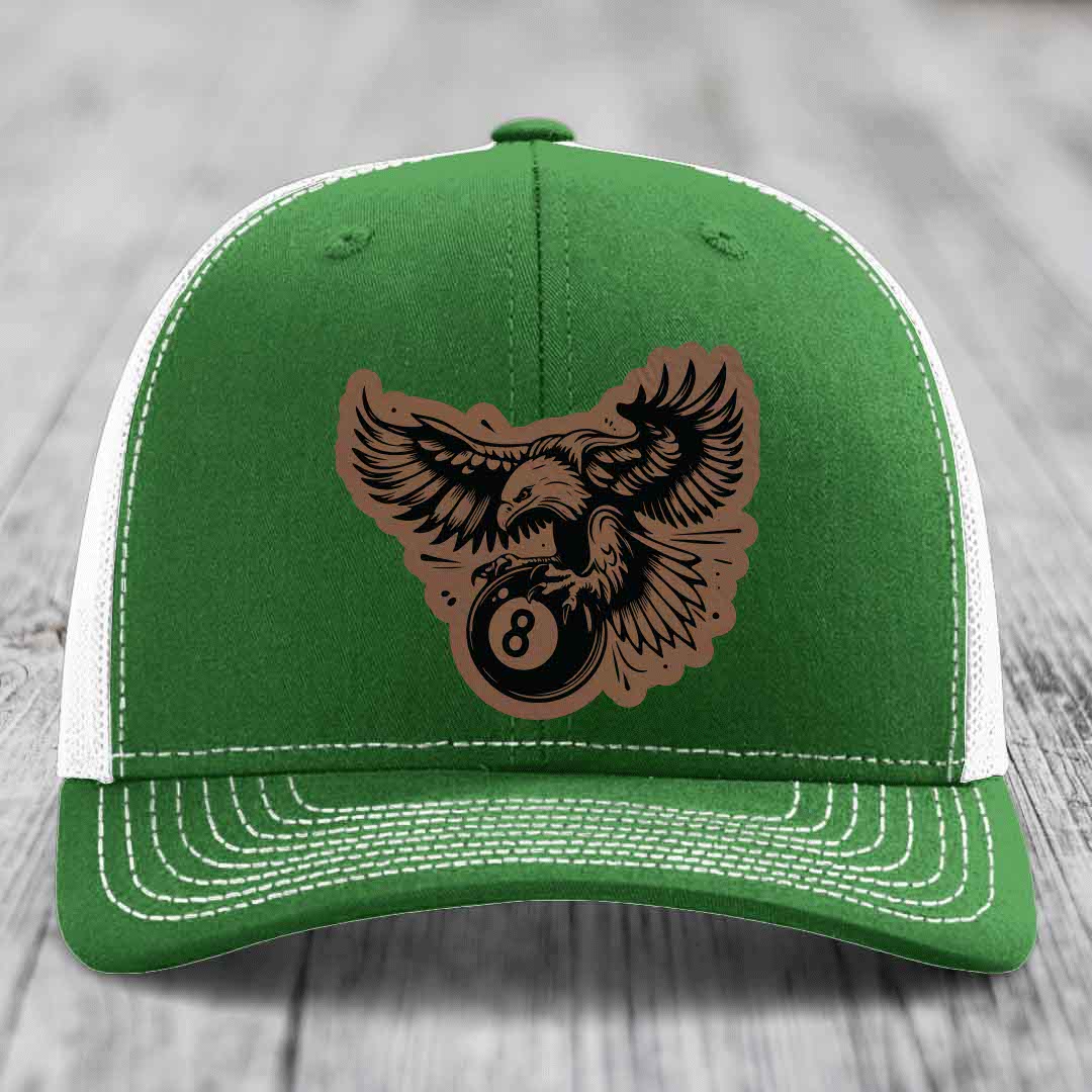 Eagle 8 Ball - Leather Patch Hat - Dark Brown to Black Patch - Richardson 112 Snapback Trucker Hat