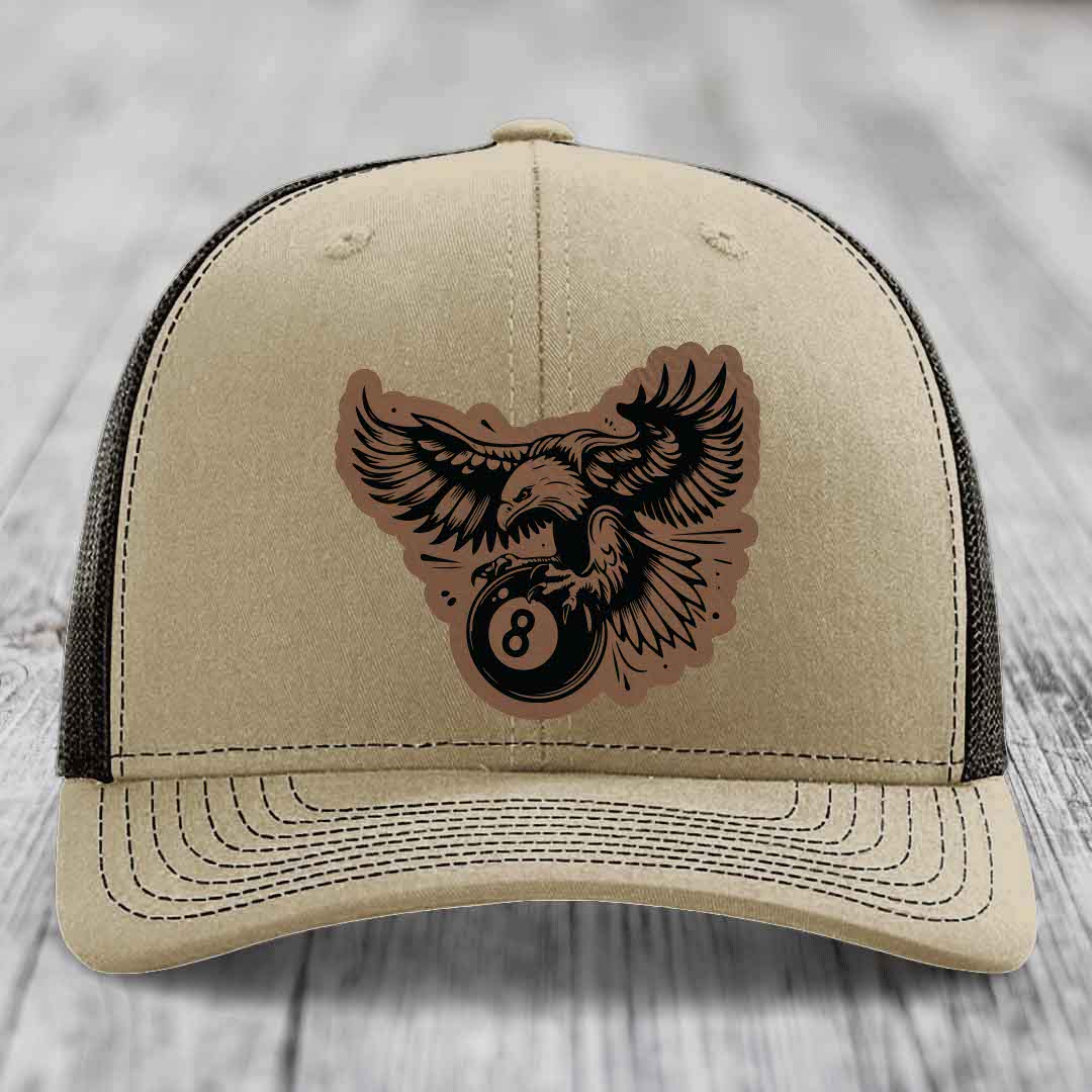 Eagle 8 Ball - Leather Patch Hat - Dark Brown to Black Patch - Richardson 112 Snapback Trucker Hat