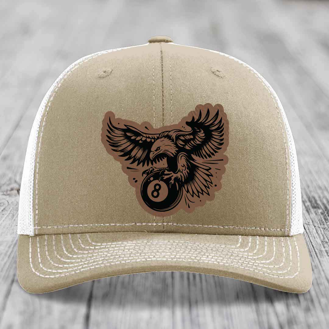 Eagle 8 Ball - Leather Patch Hat - Dark Brown to Black Patch - Richardson 112 Snapback Trucker Hat