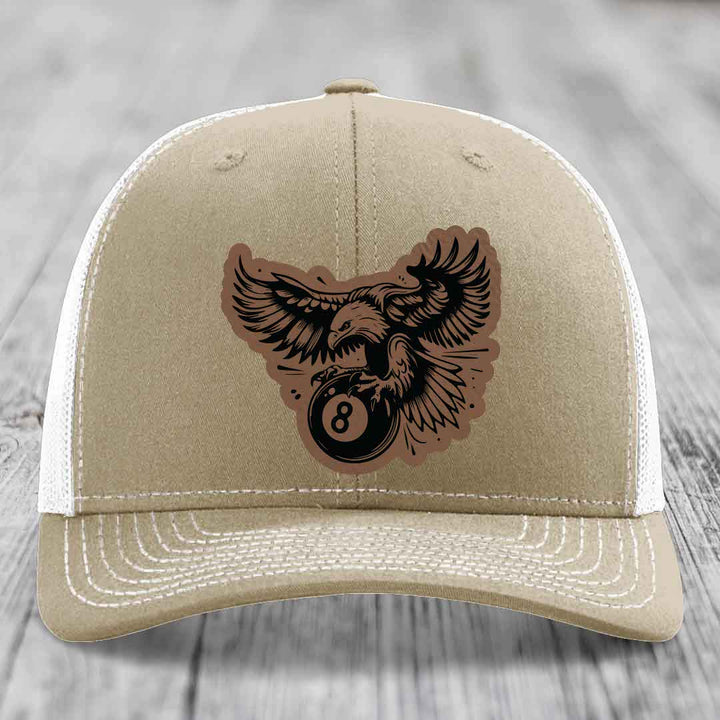 Eagle 8 Ball - Leather Patch Hat - Dark Brown to Black Patch - Richardson 112 Snapback Trucker Hat