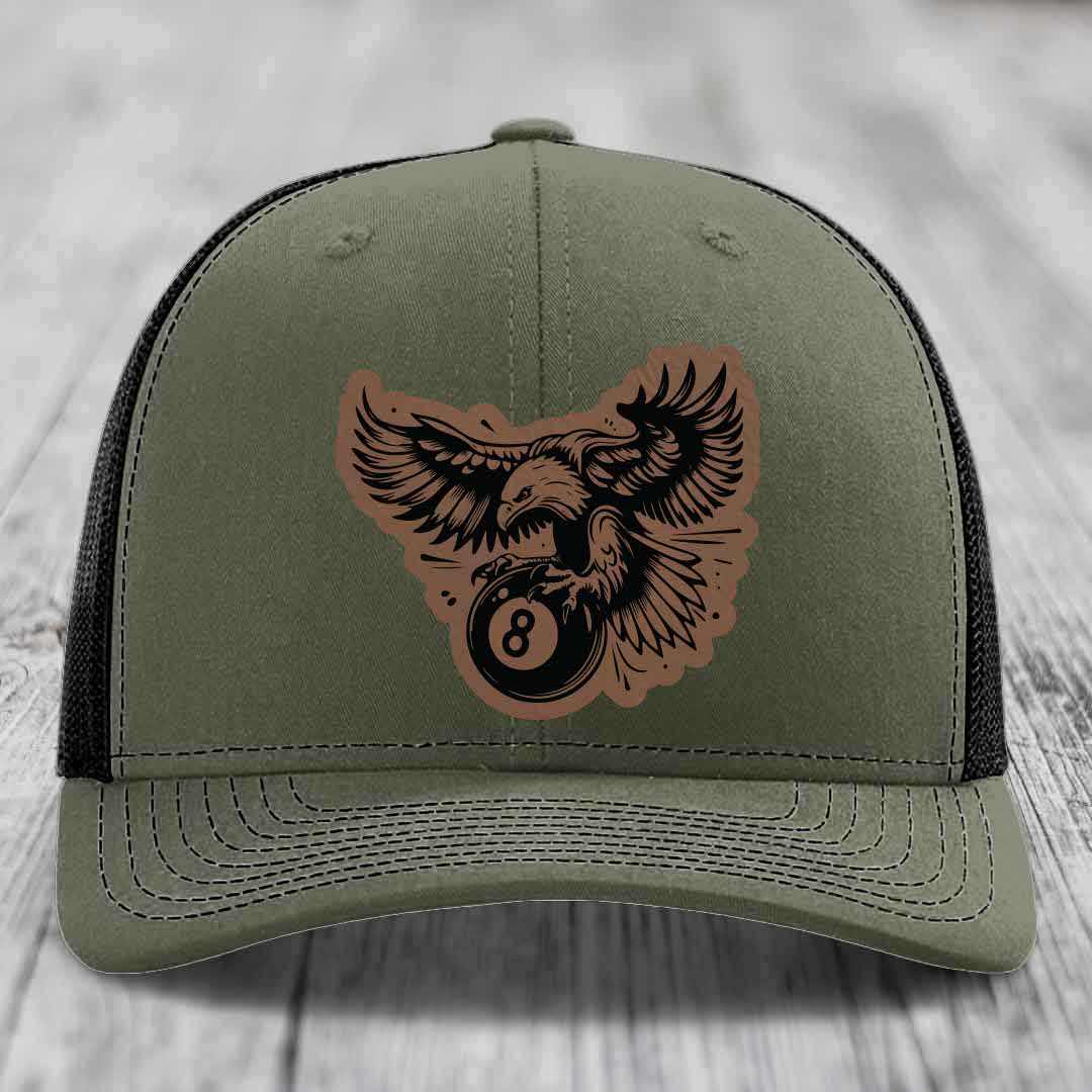 Eagle 8 Ball - Leather Patch Hat - Dark Brown to Black Patch - Richardson 112 Snapback Trucker Hat