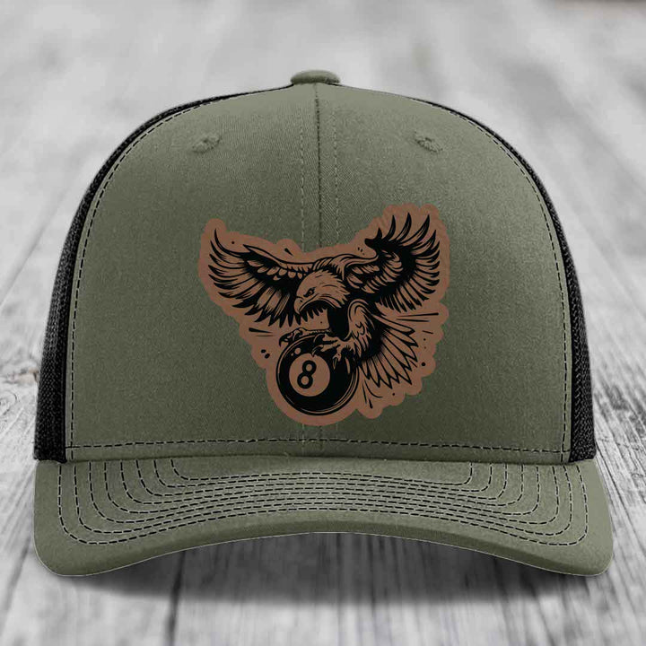 Eagle 8 Ball - Leather Patch Hat - Dark Brown to Black Patch - Richardson 112 Snapback Trucker Hat