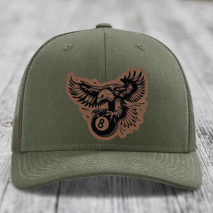 Eagle 8 Ball - Leather Patch Hat - Dark Brown to Black Patch - Richardson 112 Snapback Trucker Hat