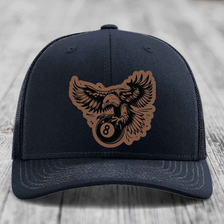Eagle 8 Ball - Leather Patch Hat - Dark Brown to Black Patch - Richardson 112 Snapback Trucker Hat