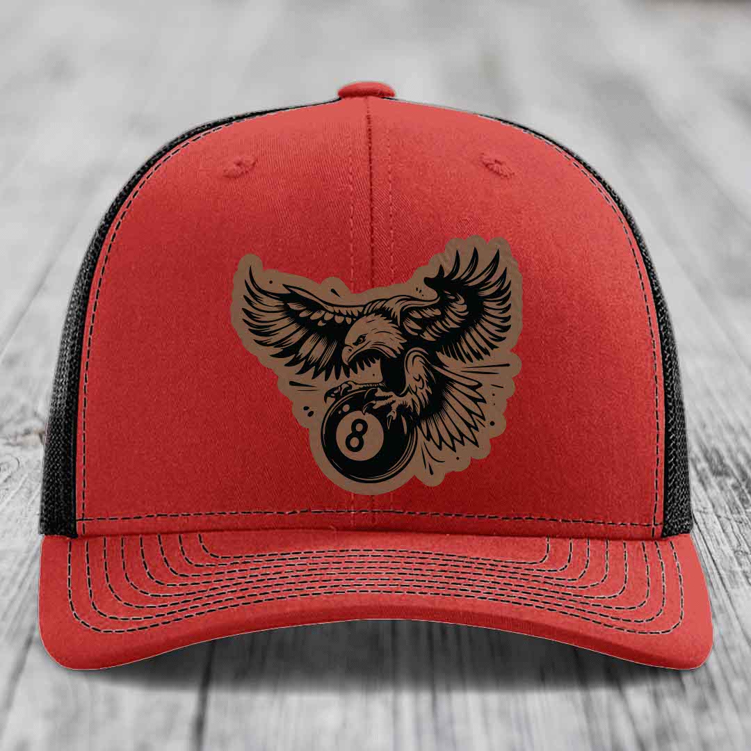 Eagle 8 Ball - Leather Patch Hat - Dark Brown to Black Patch - Richardson 112 Snapback Trucker Hat