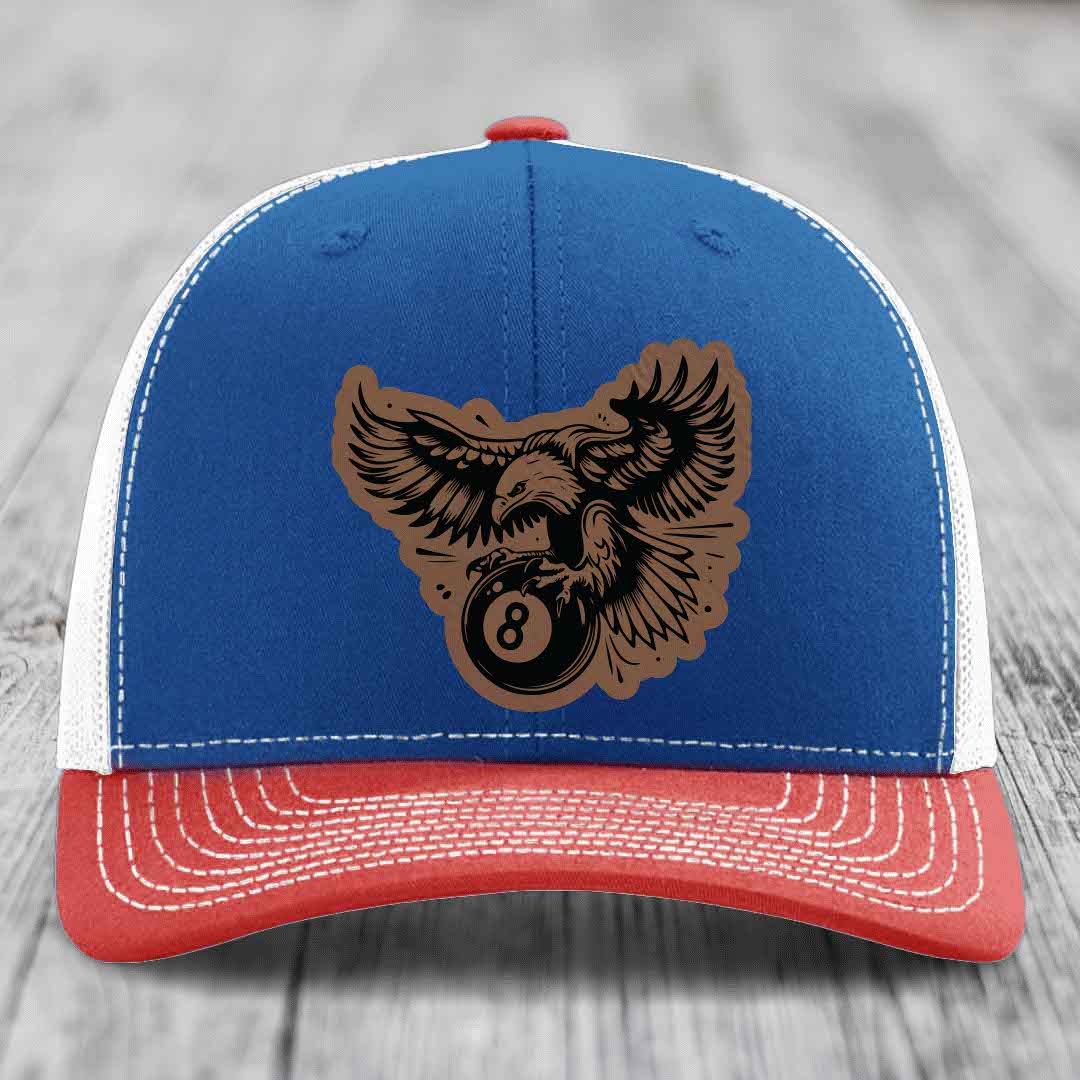 Eagle 8 Ball - Leather Patch Hat - Dark Brown to Black Patch - Richardson 112 Snapback Trucker Hat