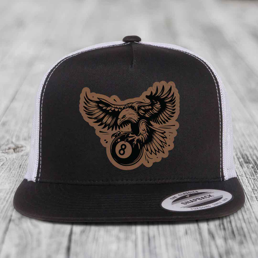 Eagle 8 Ball - Leather Patch Hat - Dark Brown to Black Patch - Yupoong 6006 Snapback Flatbill Hat