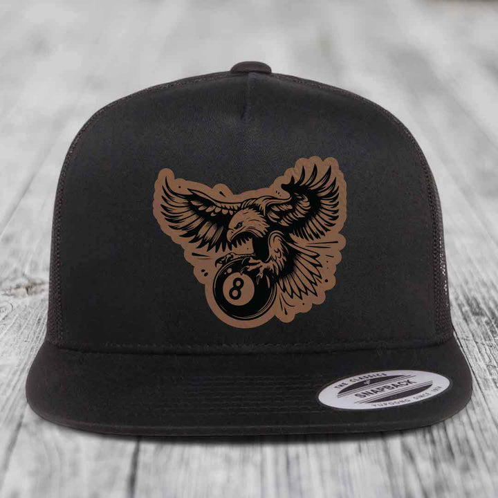 Eagle 8 Ball - Leather Patch Hat - Dark Brown to Black Patch - Yupoong 6006 Snapback Flatbill Hat