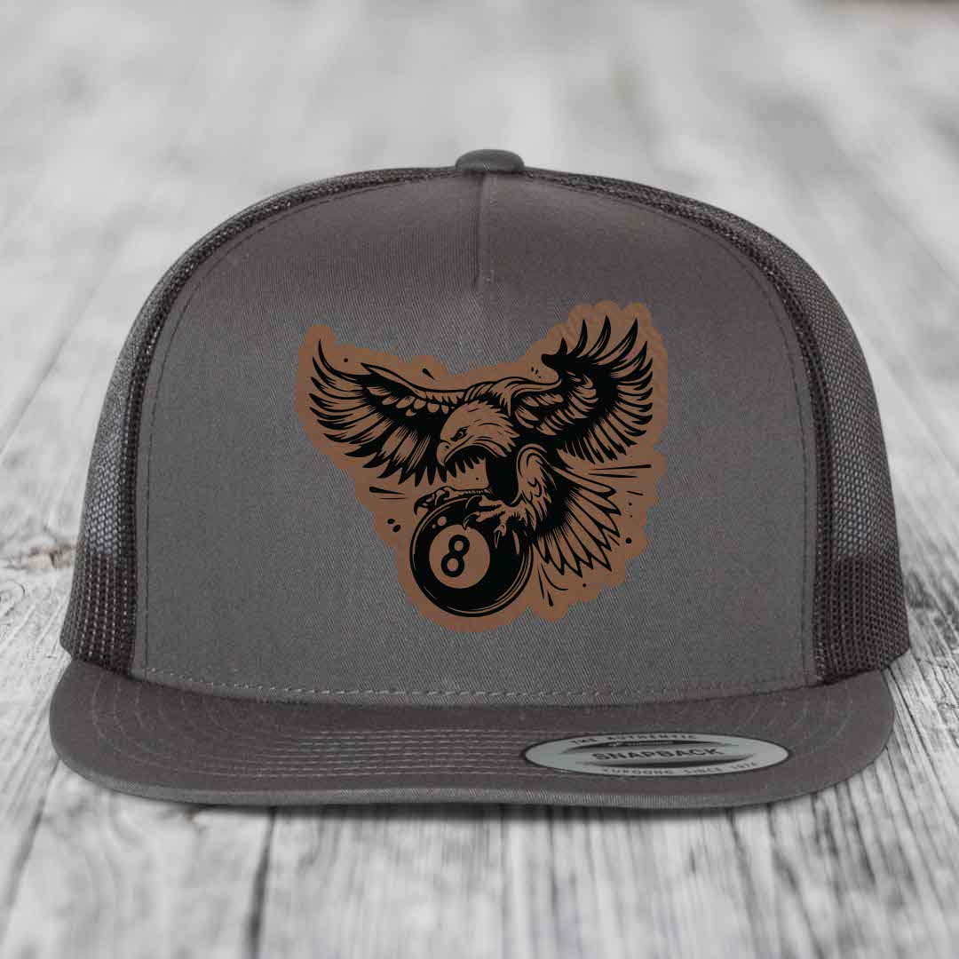 Eagle 8 Ball - Leather Patch Hat - Dark Brown to Black Patch - Yupoong 6006 Snapback Flatbill Hat