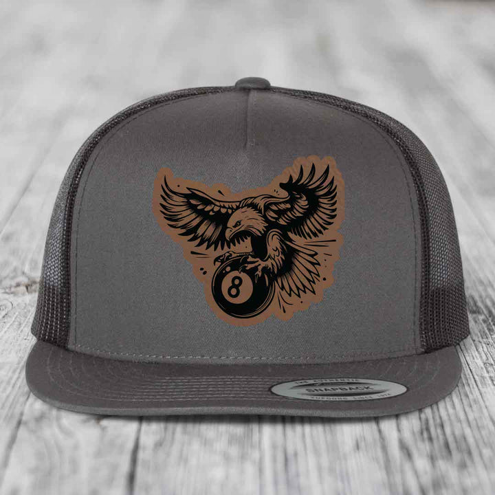 Eagle 8 Ball - Leather Patch Hat - Dark Brown to Black Patch - Yupoong 6006 Snapback Flatbill Hat
