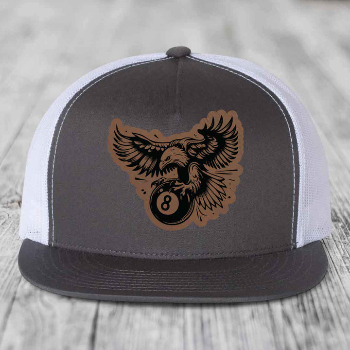 Eagle 8 Ball - Leather Patch Hat - Dark Brown to Black Patch - Yupoong 6006 Snapback Flatbill Hat