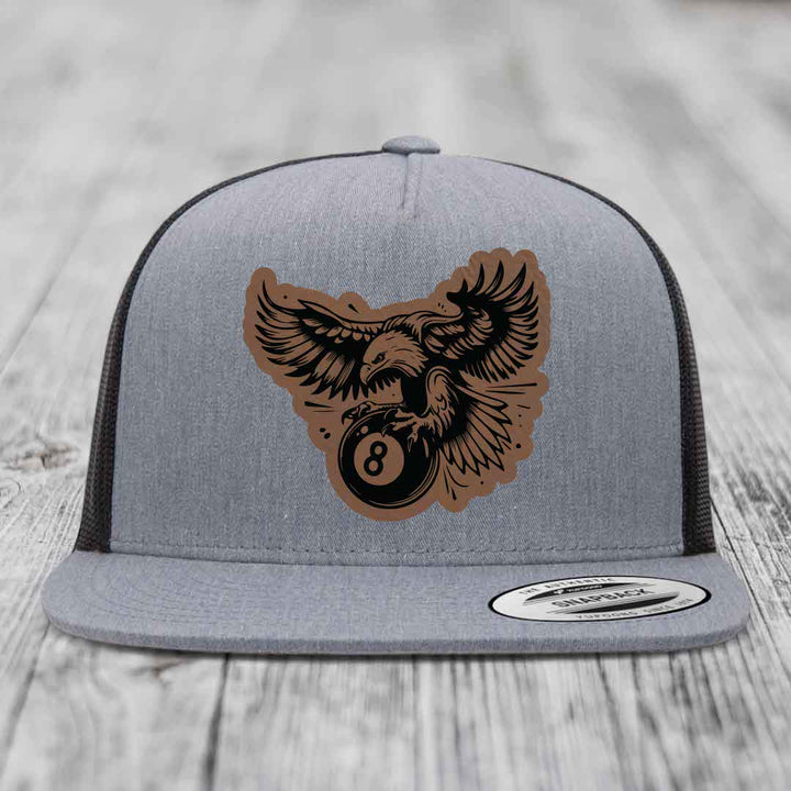 Eagle 8 Ball - Leather Patch Hat - Dark Brown to Black Patch - Yupoong 6006 Snapback Flatbill Hat