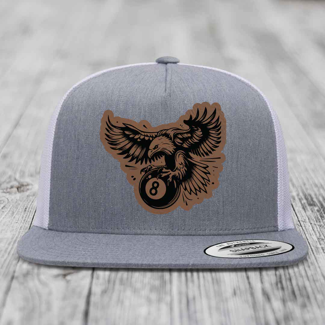 Eagle 8 Ball - Leather Patch Hat - Dark Brown to Black Patch - Yupoong 6006 Snapback Flatbill Hat
