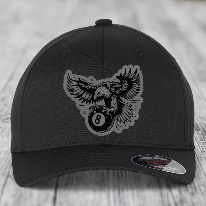 Eagle 8 Ball - Leather Patch Hat - Grey to Black Patch - Flexfit 6277 Fitted Hat