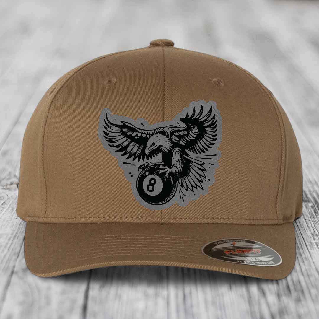 Eagle 8 Ball - Leather Patch Hat - Grey to Black Patch - Flexfit 6277 Fitted Hat