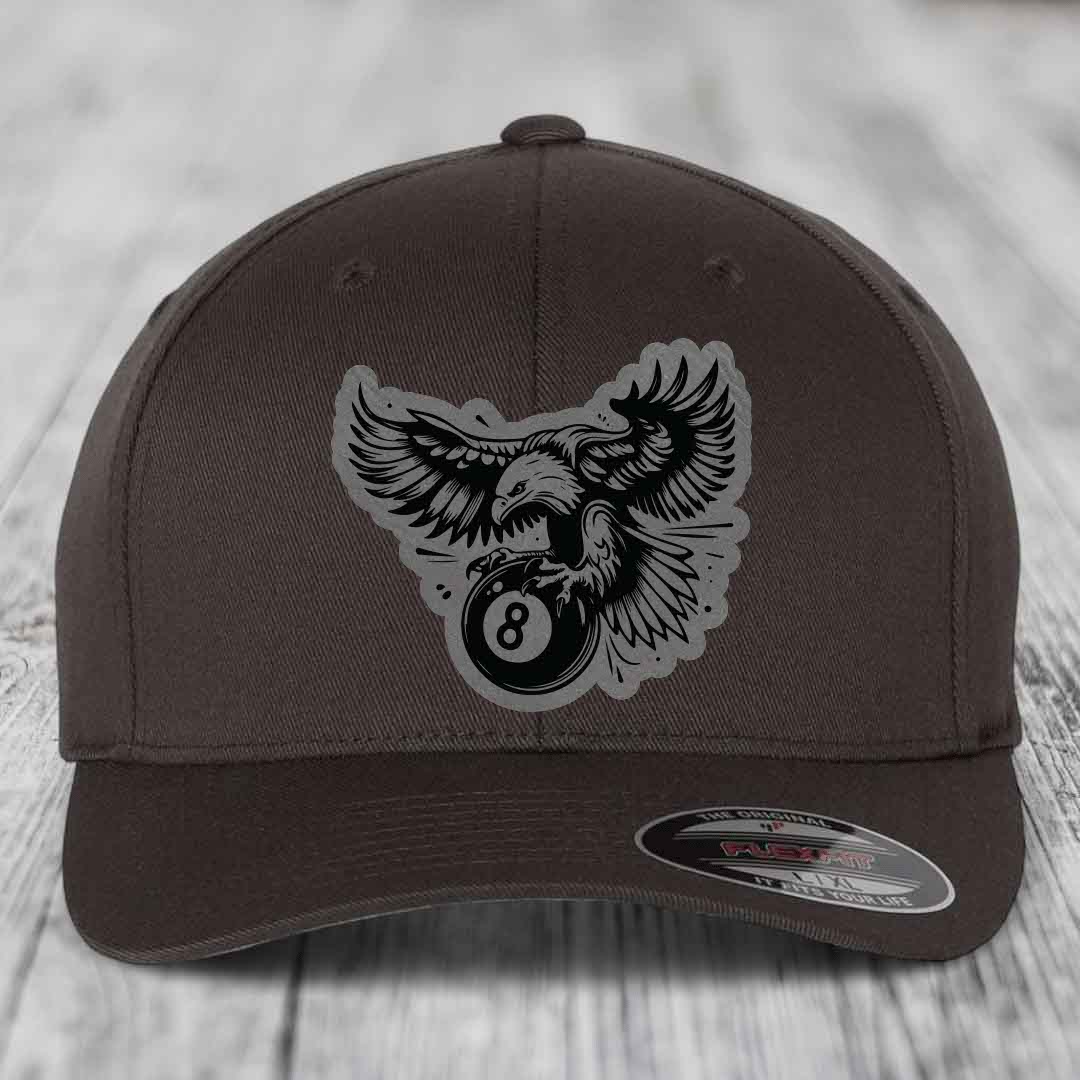 Eagle 8 Ball - Leather Patch Hat - Grey to Black Patch - Flexfit 6277 Fitted Hat
