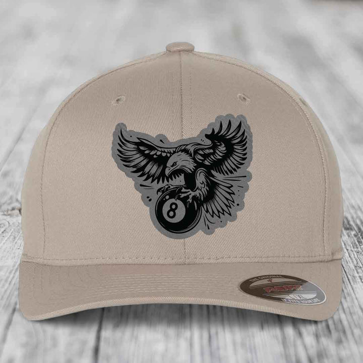 Eagle 8 Ball - Leather Patch Hat - Grey to Black Patch - Flexfit 6277 Fitted Hat