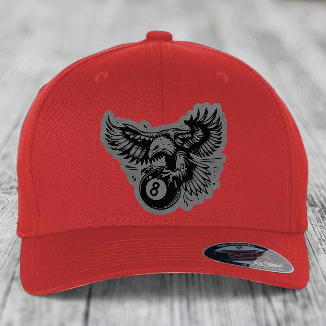 Eagle 8 Ball - Leather Patch Hat - Grey to Black Patch - Flexfit 6277 Fitted Hat