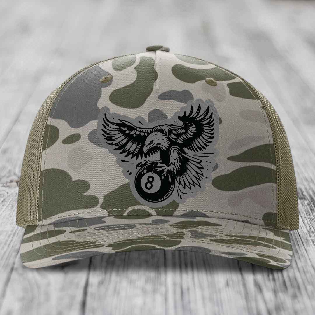 Eagle 8 Ball - Leather Patch Hat - Grey to Black Patch - Richardson 112PFP Snapback Trucker Hat