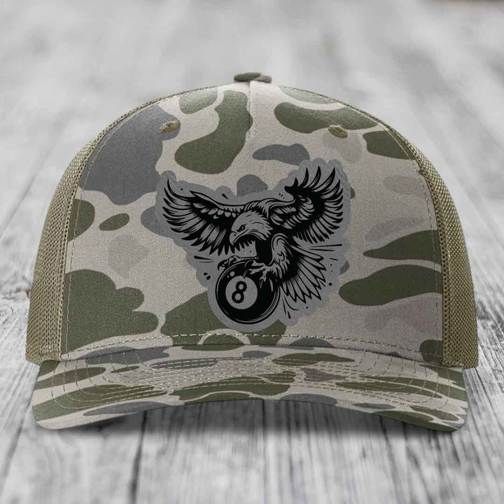 Eagle 8 Ball - Leather Patch Hat - Grey to Black Patch - Richardson 112PFP Snapback Trucker Hat