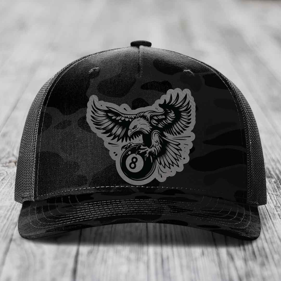Eagle 8 Ball - Leather Patch Hat - Grey to Black Patch - Richardson 112PFP Snapback Trucker Hat