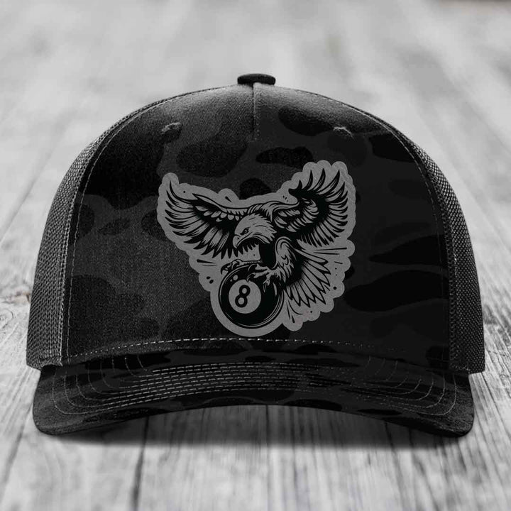 Eagle 8 Ball - Leather Patch Hat - Grey to Black Patch - Richardson 112PFP Snapback Trucker Hat